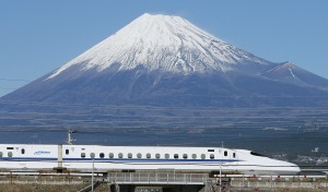 Shinkansen passes Mount Fuji